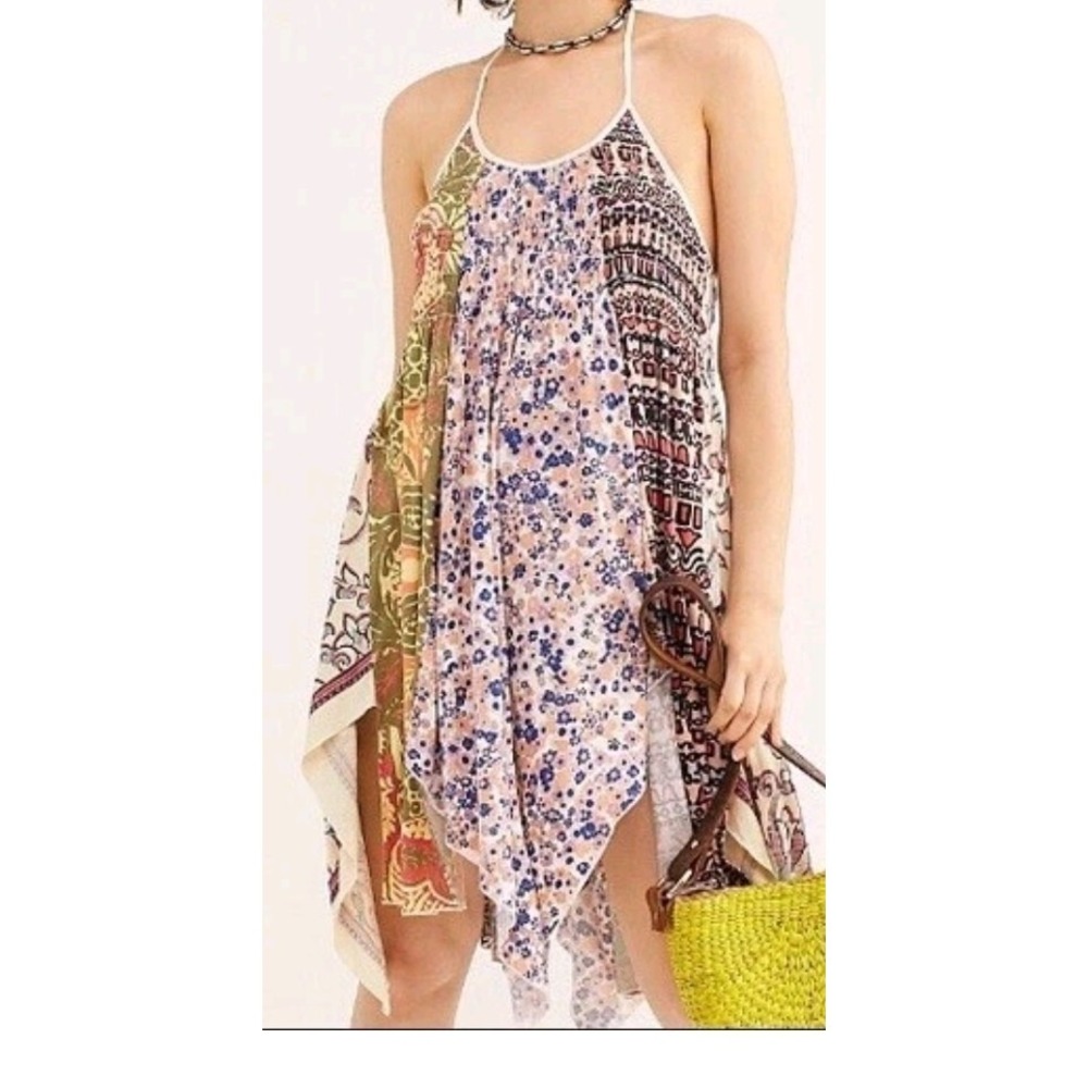 Free People Cant‎ Tie Me Down Mixed Print Boho Handkerchief Hem Smocked Tunic L